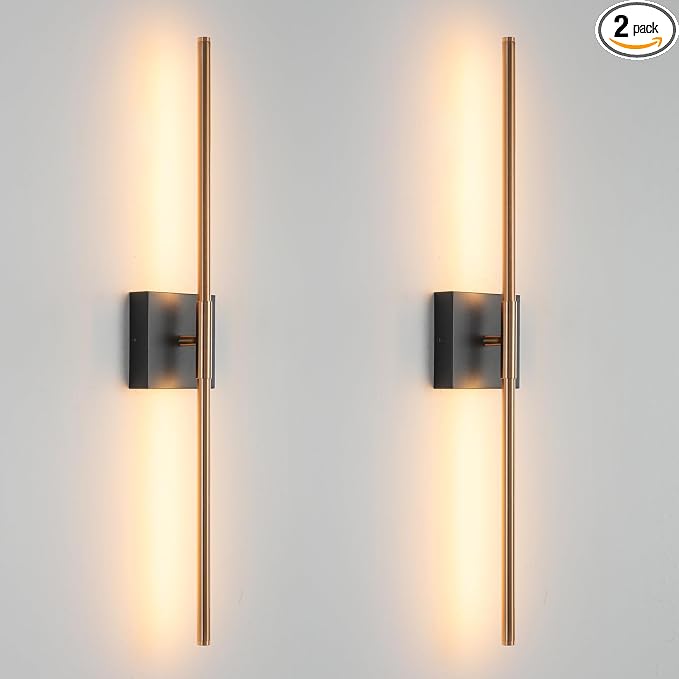 KUZZULL Modern Light Fixture Set of Two 27.8x4.3x3.4in Black and Brass Gold Sconces 1200Lm LED Wall Lights for Bathroom, Living Room, Corridor