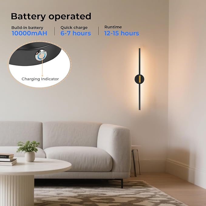 28.3" Battery Operated Wall Sconces Set of 2, 360°Rotation Rechargeable Wall Lights with Remote Control, 3000K-6500K LED Detachable Wall Lamp for Bedroom, Hallway, Black Gold