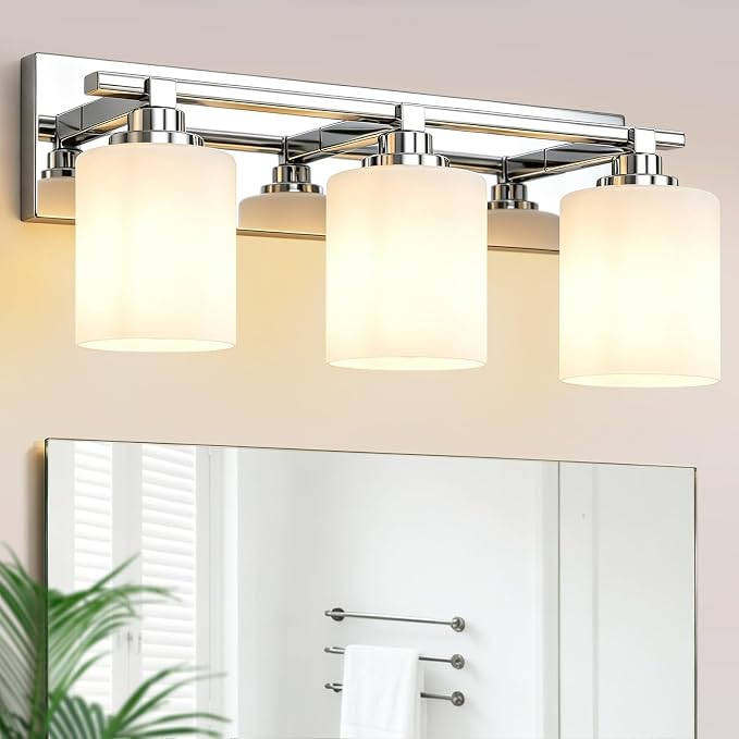 Modern Bathroom Lighting Fixtures Over Mirror, Vanity Lights for Bathroom, Wall Sconces with Milky White Glass Shades, E26 Ceramic Socket, 3-Light 19.7-inch Chrome