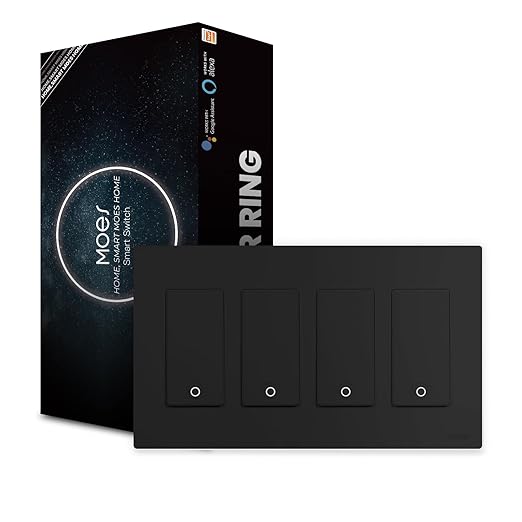 MOES Star Ring WiFi Smart Light Switch, Alexa Google No Hub, 4 Gang Black | Star Ring Night Guide Glow, 2.4GHz WiFi No Hub Required, Smart Life App, Timer Away Mode, Single Pole Neutral Wire 10A