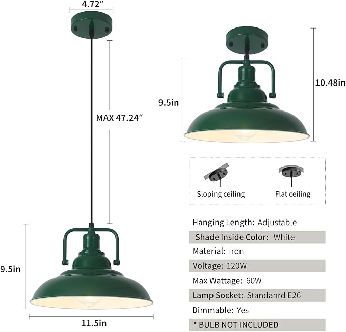 Farmhouse Pendant Light, 12.5inch, 2 Packs Green Kitchen Pendant Lights, Modern Pendant Lights, Pendant Lights Kitchen Island, Pendant Light for Bedroom, Office, Kichen Sink, Library