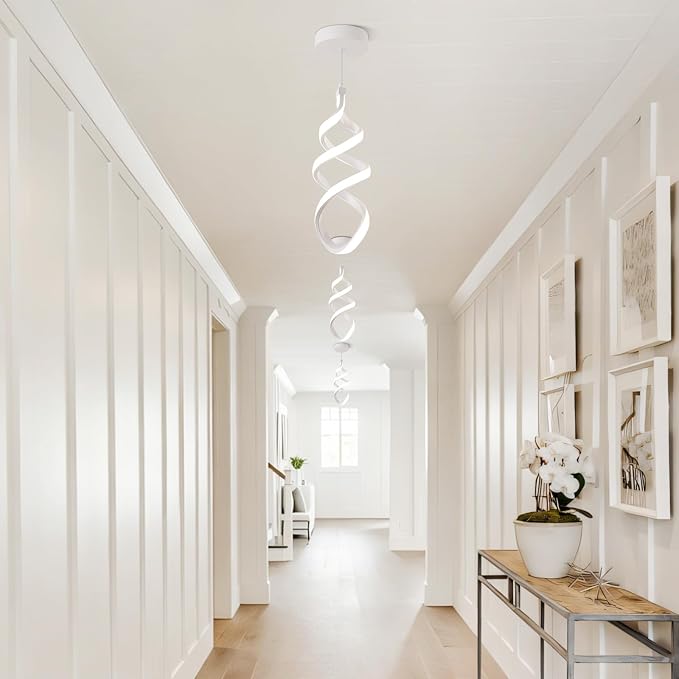 Modern Led Pendant Light Fixture, 15W White Spiral Led Chandelier Hanging Lamp, 4500K Daylight White Pendant Lamp, Adjustable Height Pendant Light for Kitchen Dining Room Bedroom Kitchen Island Cafe