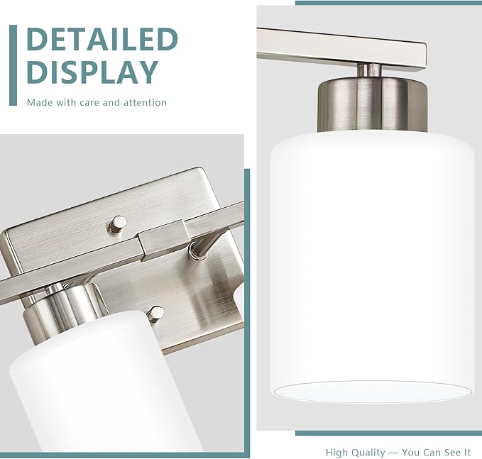 Brushed Nickel Bathroom Light Fixtures Vanity Lighting Over Mirror | 4-Light Modern Wall Sconces with Milky White Frosted Glass Shades for Restroom (E26 Socket)