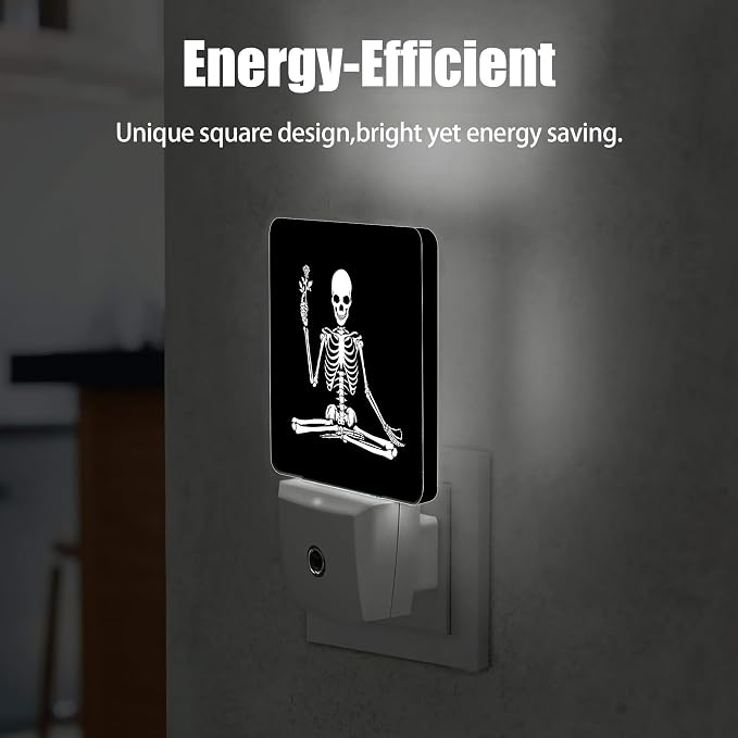 Skeleton Holding Flower Night Light, Dusk to Dawn Smart Sensor Nightlight for Bedroom Bathroom Kitchen Hallway Stairs Hallway, Plug-in, Energy Efficient Decor Desk Lamp Gifts
