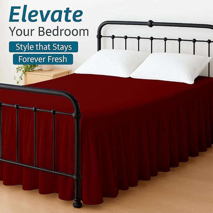 Shreem Linen Ruffled Bed Skirt with Split Corners, Gathered Style, 100% Microfiber, 16-Inch Drop, Dust Ruffle Bedskirt with Platform, Twin, Burgundy