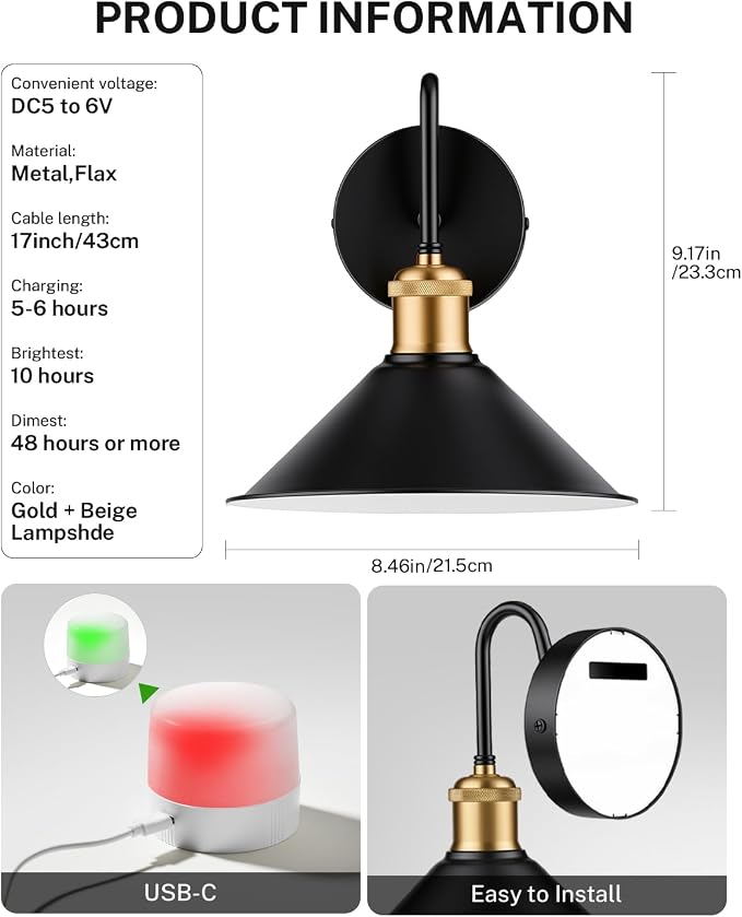 SAIMAND Battery Operated Wall Sconces Set of 2,Wireless Rechargeable Lights | Modern Cordless Wall Sconces with Remote Control, 9-Color Dimmable LED Lamps for Bedrooms, Living Rooms Hallways (9In-Black)
