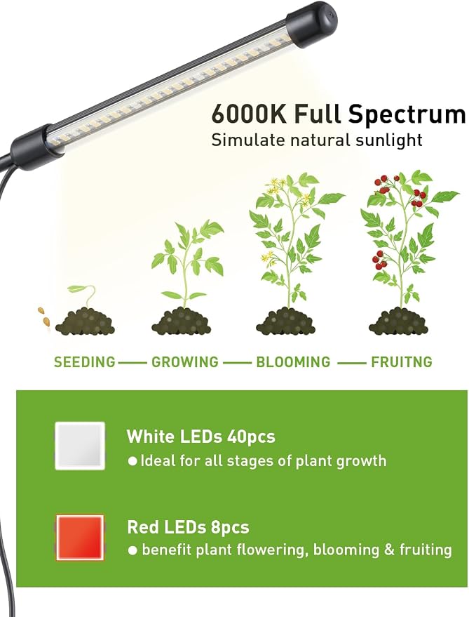 Grow Lights for Indoor Plants Full Spectrum, Plant Lights for Indoor Growing, 48 LEDs Ground Plug Grow Light with Gooseneck, Auto Timer & Dimmable Settings, Ideal for Small and Indoor Plants, 2 Packs