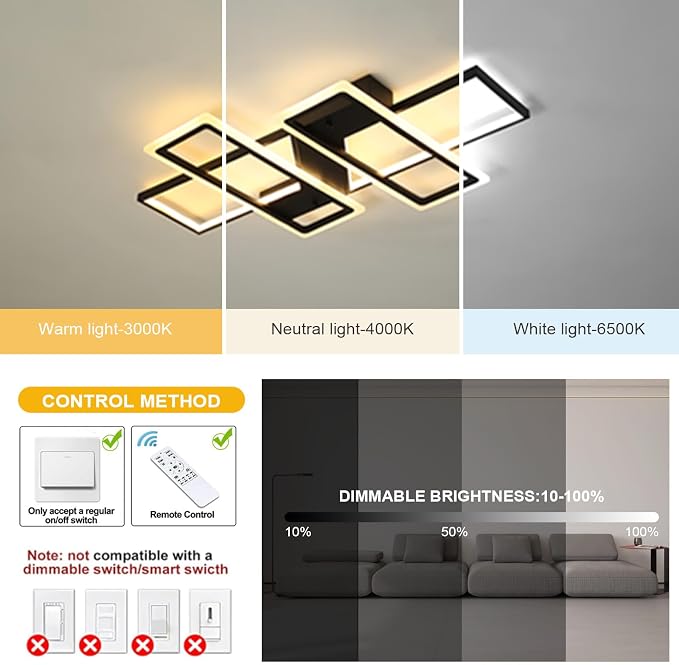 GEADI 35.4" Modern LED Ceiling Light, Dimmable Black Flush Mount Chandelier | 80W 4-Square Geometric Ceiling Lamp with Remote, 3000K-6500K Dimming, Memory, 4800 Lumens, Low Profile for Bedroom, Kitchen