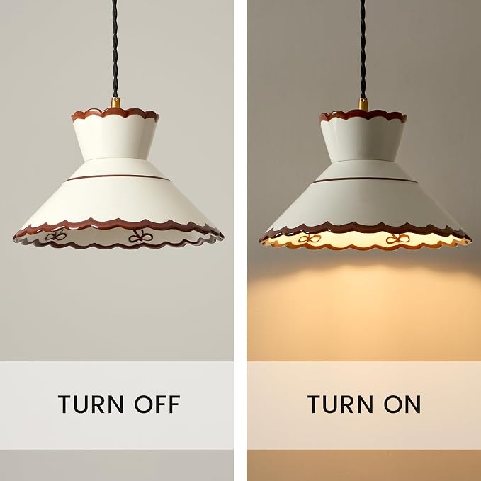 Vintage Ceramic Pendant Light, 9.5" Farmhouse Scalloped Hanging Light, Cream White Pendant Lighting with Painted Bowknot for Kitchen Island, Dining Room, Bedroom Bedside, Cafe