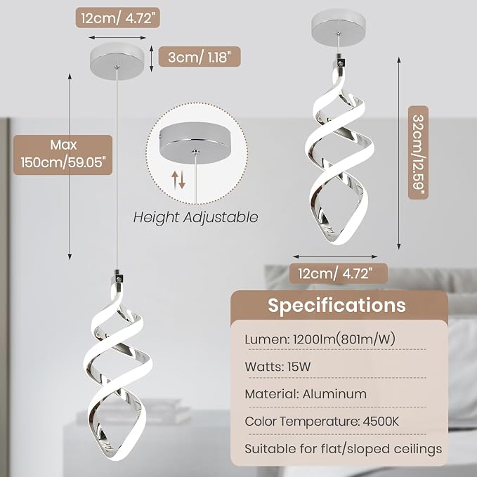 4 Packs Pendant Light, 15W Spiral Led Pendant Light, 4500K Modern Pendant Lights Kitchen Island, Adjustable Height Pendant Light for Dining Room Bedroom Kitchen Island Cafe