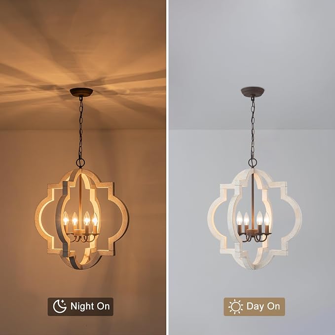 22" Farmhouse Chandelier Distressed White Wood Dining Room Light Fixture | Oak, Rustic Country Style, Large Lantern, 4-Light Hanging Pendant Light For Foyer Entryway Kitchen Island Bedroom Over Table