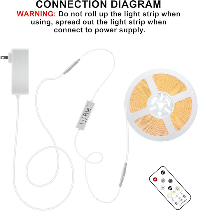 32.8ft COB Led Strip Light with Remote, 6500K Ra93+ Dimmable Bright Daylight White Led COB Strip Light, White Continuous Led Strip Light for Mirror, Stair, Cabinet, Room