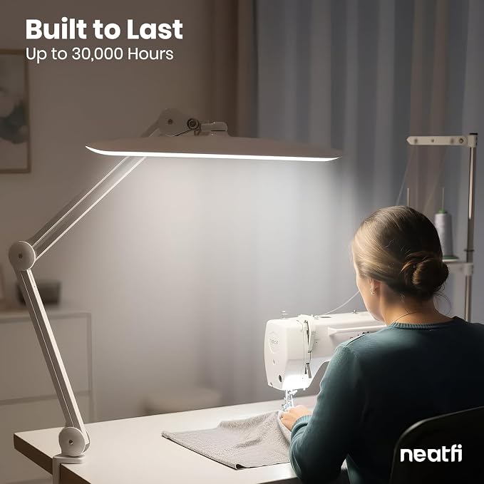 Neatfi XL 2200 Lumens 24W LED Desk Lamp – Shadow-Free Task Lighting | 4-Level Dimming | Home Office & Crafts Use | 20-Inch Wide Head (White, Non-CCT with Clamp)