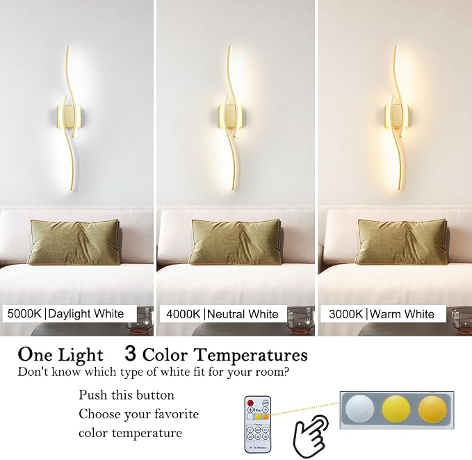 Daunton Modern Gold Wall Light Fixture Set of 2, RC Dimmable LED Wall Light Indoor, LED Wall Decor for Hallway Bedroom Living Room, Hardwired Wall Sconce with Remote Control, 27.56" in, Timer, Memory