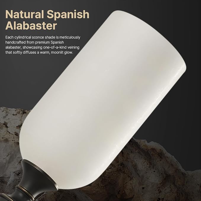 21.6" Alabaster Sconces Set of 2, Antique Oil Rubbed Bronze Brass | Natural Spanish Alabaster, Handcrafted Solid Brass, Refined Material Pairing, Unique Marble Veining, Refined Vintage Style