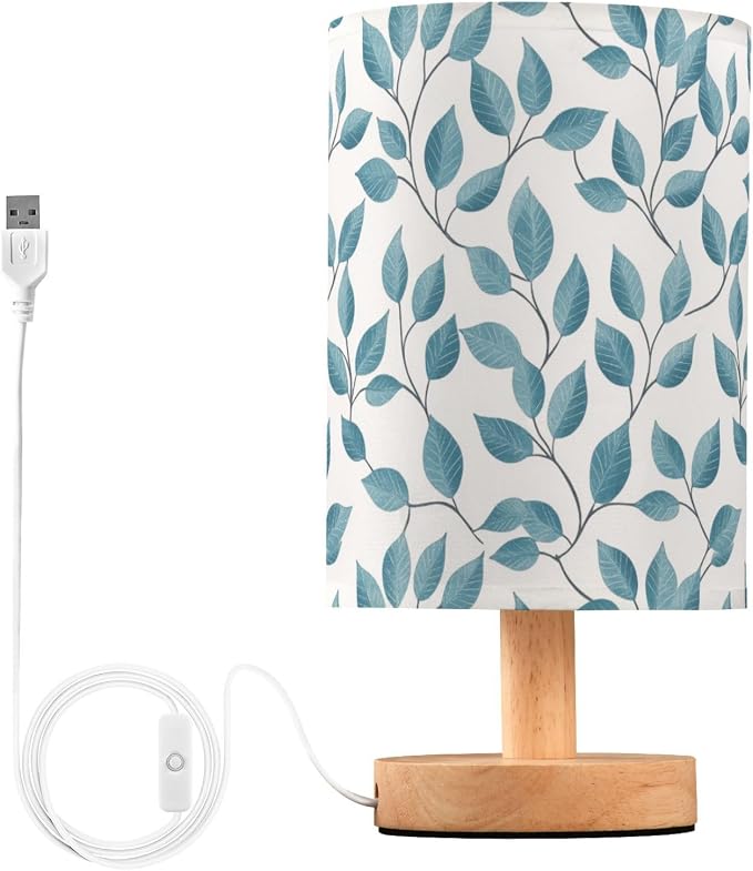 Fustylead Teal and Gray Leaves Botanical Bedside Table Lamps with USB Port for Bedroom Lamp Small Nightstand Lamp Sturdy Linen Shade Wooden Decorative Lamps for Living Room Home Dorm Kids