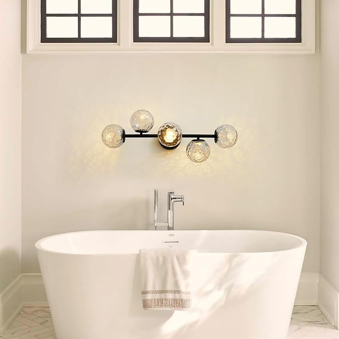 Black 5-Light LED Modern Hammered Glass Globe Bathroom Vanity Light | Hammered Glass, Captivating Water-Inspired Glow, Matte Black Finish, Mid Century Modern Design, Integrated LED Light Source