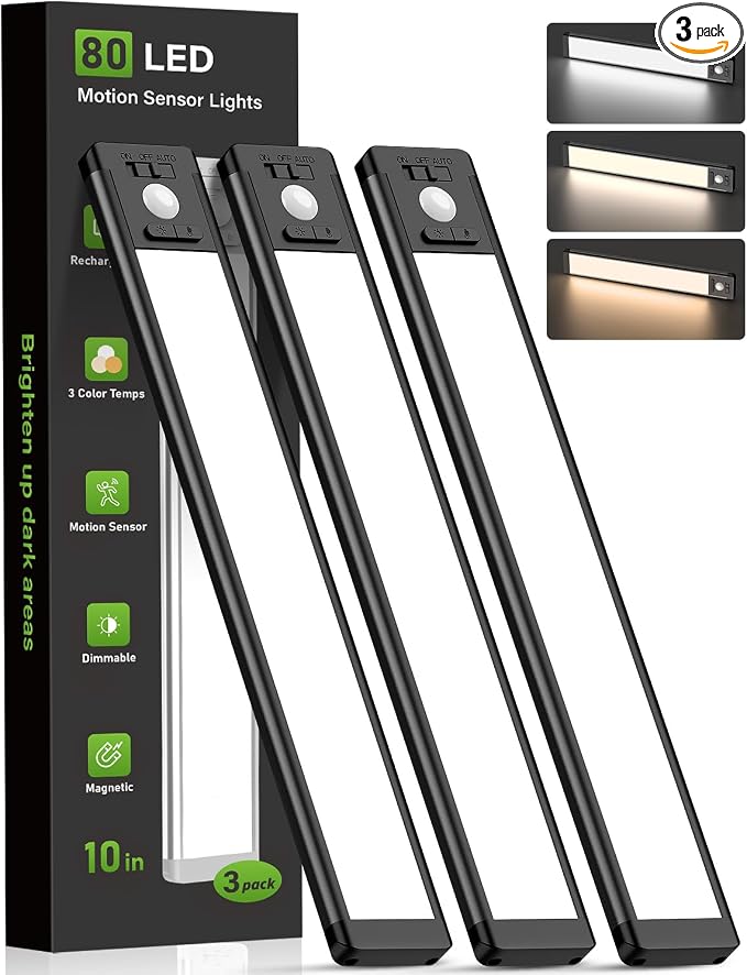 MCGOR 3 Pack 10inch Under Cabinet Lighting, Rechargeable Motion Sensor Light Indoor with 3 Color Temps, Dimmable Magnetic Led Closet Lights, Wireless Under Counter Lights for Kitchen, Stairs,Black