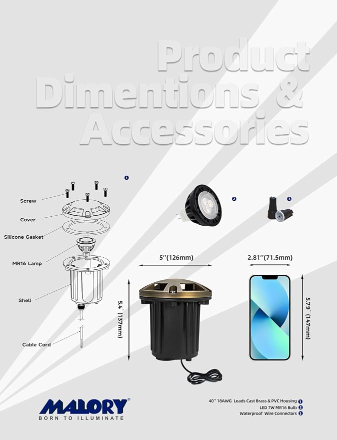 MALORY Brass Top Cover Landscape Well Lights,(φ126 mm) 12V Low Voltage Outdoor In Ground Lights,Landscape Lighting for Pathway, Driveway, Garden (Five-Direction Turret, 1-Pack with Bulb)