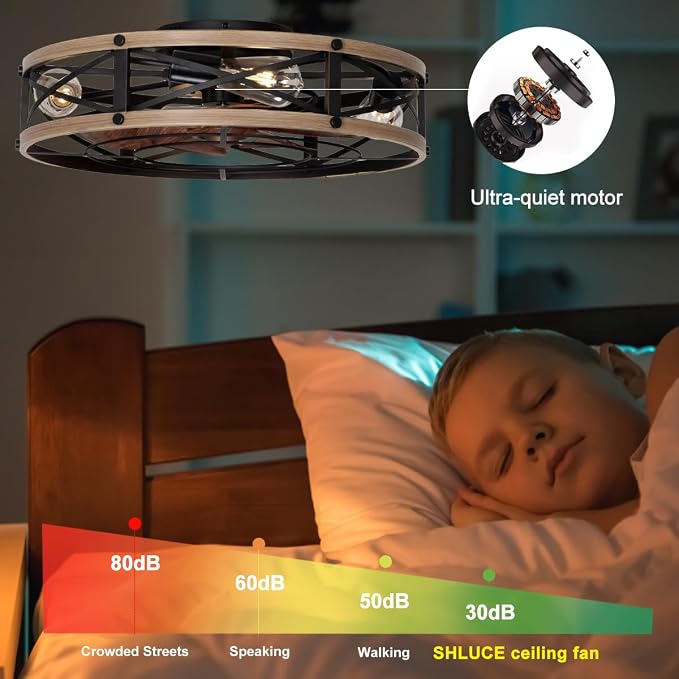 SHLUCE 22" Low Profile Caged Ceiling Fan with Light, Farmhouse Flush Mount Bladeless Ceiling Fans with Lights and Remote, Rustic Fandelier Ceiling Fan with Light for Kitchen, Bedroom - ETL