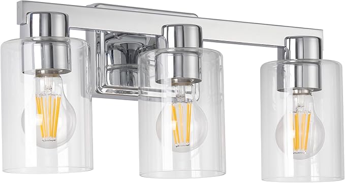 3-Light Bathroom Light Fixtures with Clear Glass, Chrome | Vanity Lights, Modern Wall Sconces, Over Mirror for Bathroom, Powder Room, Living Room