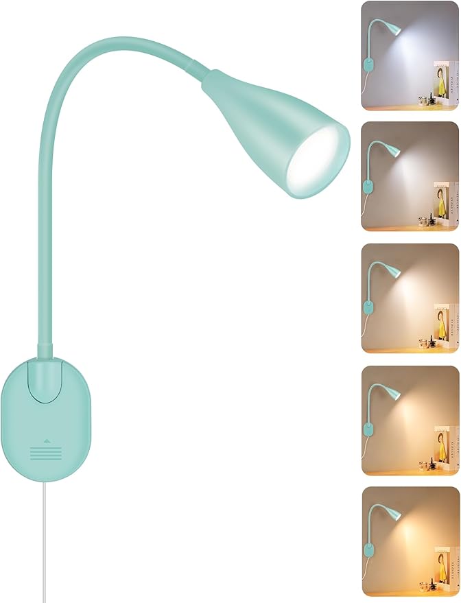 LED Wall Mounted Bedside Reading Light, 3 Color Modes,10 Brightness Dimmable, USB Charging Port, Adhesive Wall Lamp Night Light for Books in Bed, Flexible Neck Eye-Caring Bedroom Lighting Teal