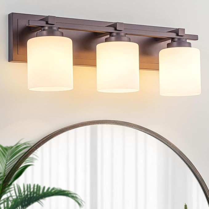 Modern Bathroom Light Fixtures Over Mirror, Vanity Lights for Bathroom Wall Sconces with Milky White Glass Shades, E26 Socket (Bulbs Not Included), 3 Light, Oil Rubbed Bronze