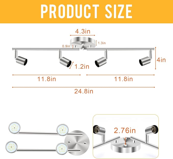 HURYEE Track Lighting Kit, 4 Head Foldable Ceiling Spot Light with GU10 Socket for Kitchen Hallyway Bedroom Fixture Directional Accent Lamp