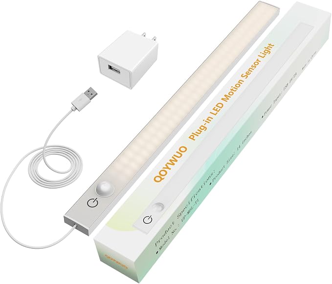 USB Plug-in Motion Sensor Light, Night/Day/ON Modes, Bright&Dimmable | 2-Row LED, 14" Under Cabinet Lighting Indoor for Kitchen, Cabinet, Closet - 4000K Neutral White, 1-Bar