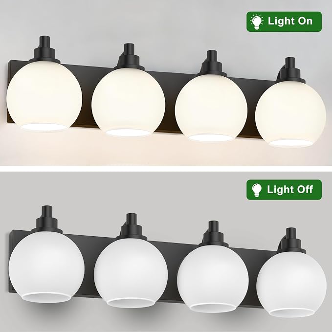 IZORRO Bathroom Light Fixtures, 4-Light Matte Black Vanity Light, Modern Wall Sconces with Globe Milk White Glass Shade, Vanity Lighting Fixtures Over Mirror,E26 Bulb Socket