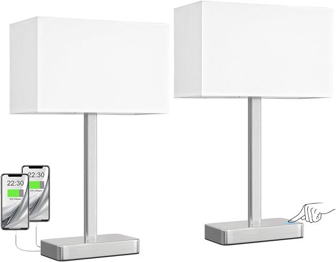 Hong-in Touch Lamps for Bedroom - 3-Way Dimmable Bedside Lamps Set of 2 with USB C+A, White Modern Table Lamp for Night Stands, Desk Lamp for Living Room Nightstand End Tables Bed Side