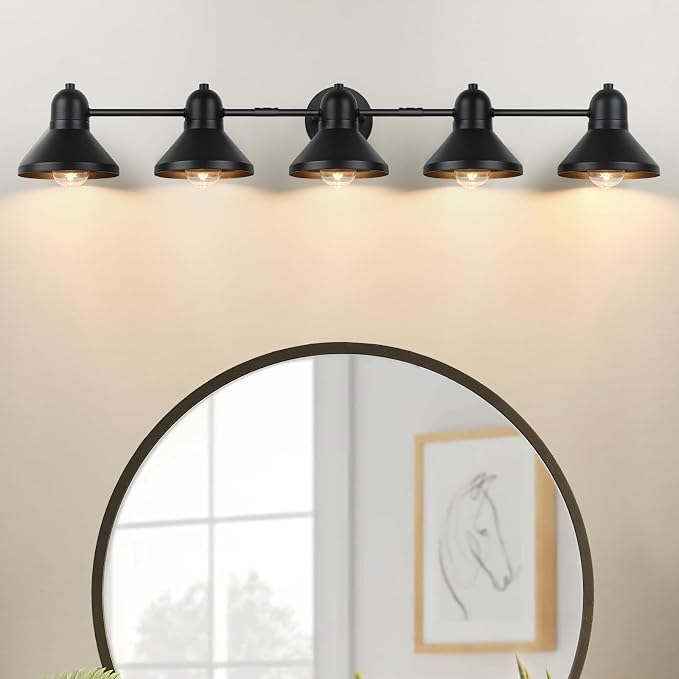 Bairth Bathroom Light Fixtures,5-Light Black Metal Vanity Light Over Mirror | Farmhouse Rustic Industrial Bathroom Vanity Light, Modern Bathroom Lights with Metal Shade for Living Room Cabinet Hallway