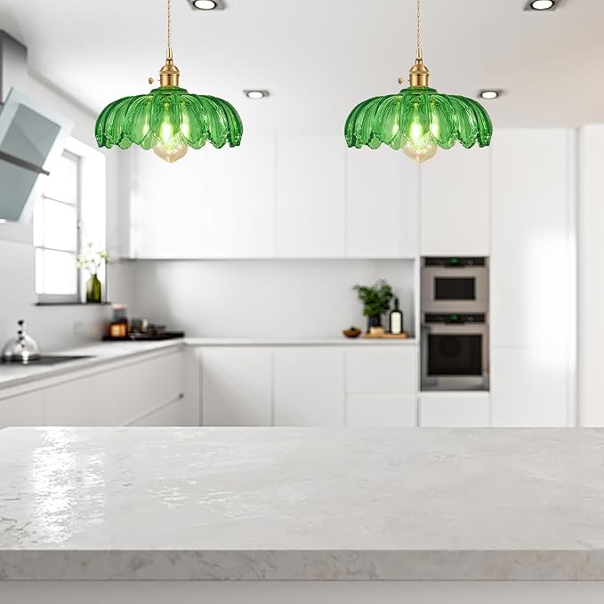 Grass Green Glass Pendant Light Fixtures Medium 9.8 Inches Lampshade Gold Brass Finish and Switch Vintage Pendant Ceiling Lamp Copper Pendant Lighting (Grass Green)
