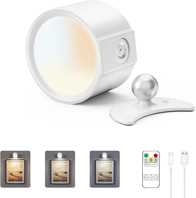 LANMEL LED Wall Mounted Lights,360° Rotating Rechargeable Wall Sconce Lamp | White,3CCT,Dimmable,with Remote & Touch Control,USB Wireless Wall Lamp, Suitable for Study,Bedroom,and Bedside Reading