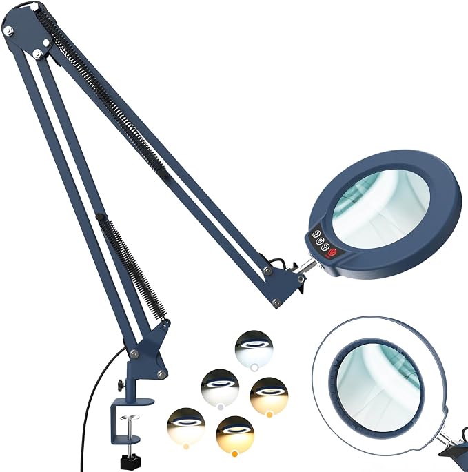 12X Large Magnifying Glass with Light and Clamp, Real Glass, 5 Color Modes, Stepless Dimmable, 2 x 16 Inch Adjustable Swing Arm Stand Desk Lamp, LED Lighted Magnifier Hands Free for Close Work - Blue