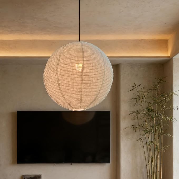 Linen Pendant Light Shade White 20INCH Round Hanging Lamp Shade | Can replace paper lantern light Handmade Minimalist Decorations Suitable for Living room Bedroom and kitchen