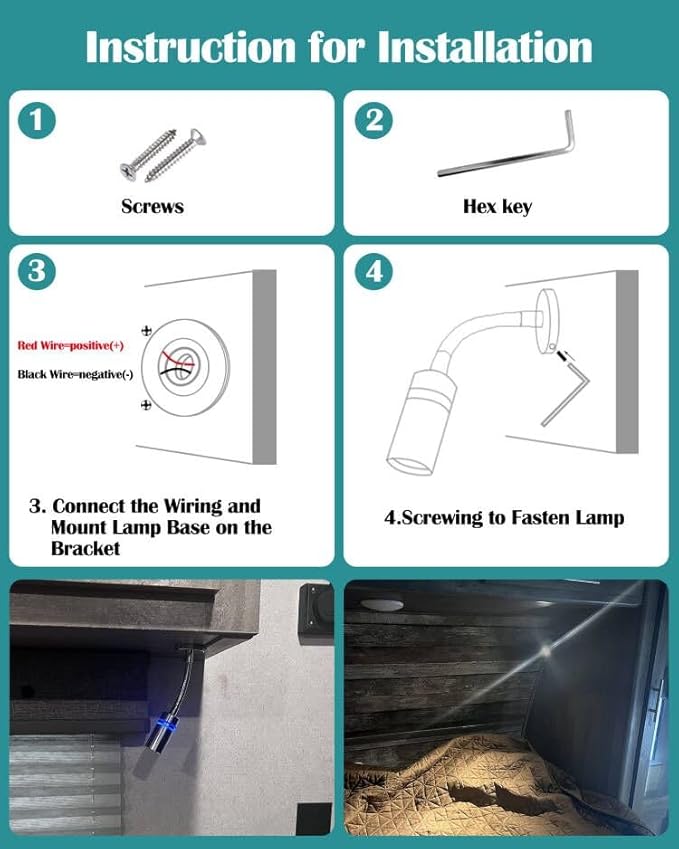 2 Pcs 12V Short Flexible Gooseneck Light RV Reading Light Wall Lamp Warm White, Boat Bedside Spot Light 1.4W, DC 10-30Volts Surface Mount on Marine Caravan Camper Van Yacht Interior