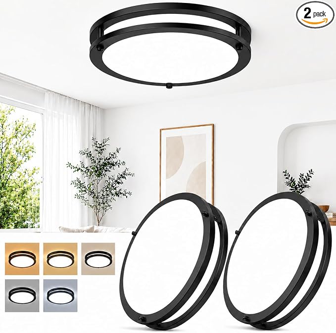 13in 36W Black Dimmable LED Ceiling Lights, 2-Pack 3600lm Super Bright Modern Flush Mount Light Fixtures, 2700K-6500K Adjustable Round Ceiling Lamps for Hallway Laundry Room Commercial Residential Use
