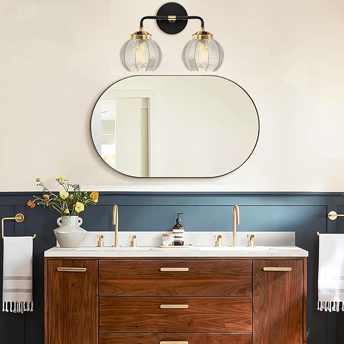 Black Bathroom Vanity Light Fixture Kitchen Sink Sconce Lighting fixtures Over Mirror with 2 Globe Shade Clear Wall Light Modern Ribbed Glass Wall Sconces for Bedroom Living Room