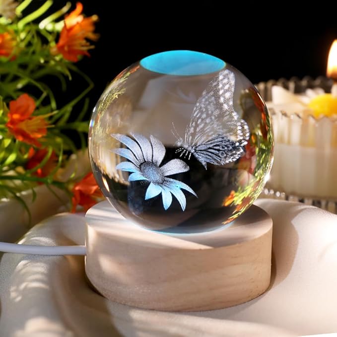Butterfly Gifts for Women Her 3D Crystal Ball Butterfly in Glass Ball 60mm Night Light Gifts for Girl Adults with Multicolor Lighting Base