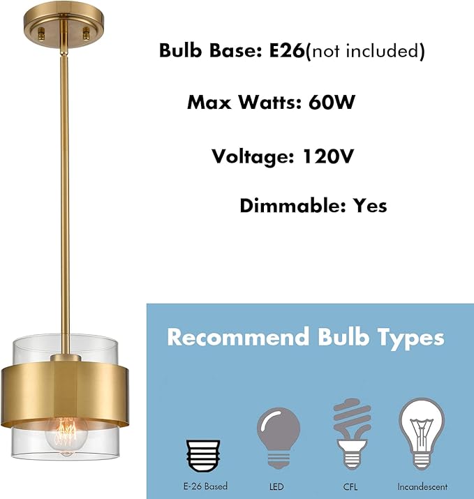 CLAXY Gold Pendant Light Mini Hanging Kitchen Pendant Lighting with Clear Cyliner Shade for Kitchen Sink Dining Bathroom, Adjustable Hanging Rods