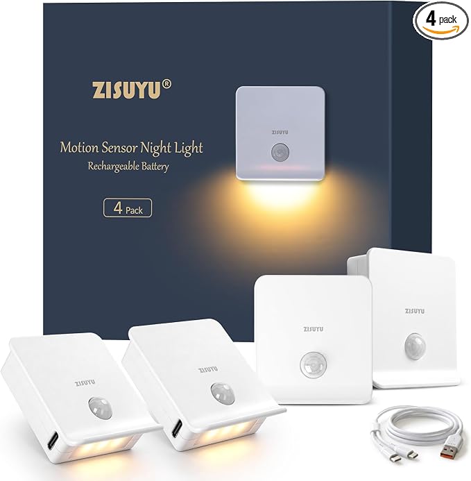 ZISUYU Rechargeable Motion Sensor LED Night Light, Step Light, 3000K Warm | Battery Powered Magnetic Stick-On Lamp, Wireless Wall Light for Stair Hallway Bedroom Bathroom Kitchen Closet(4 Pack)