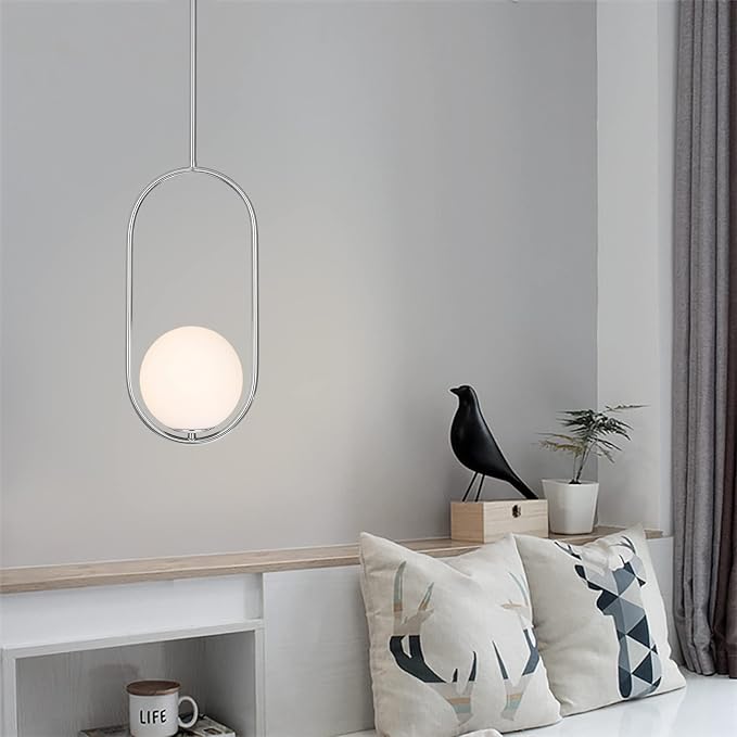 SeeU Pendant Lighting Modern Style Chrome Chandelier,Single Hanging Light Fixture Milky Glass Globe Lampshade Pendant Light Fixture for Kitchen Island,Dinning Room Bedroom
