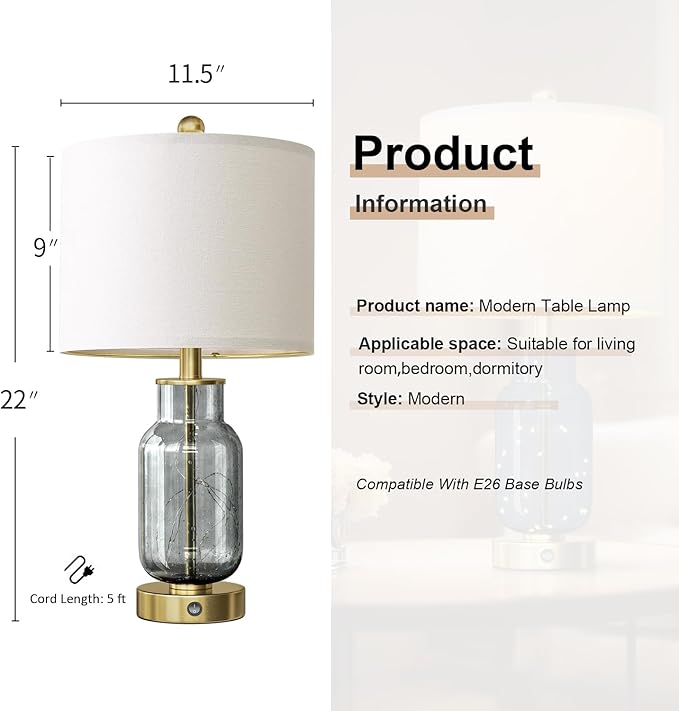 22" Glass Table Lamps Set of 2, Gray Modern Bedside Lamp with LED Night Light for Living Room, Nightstand Lamp with USB Ports for Bedrooms, Study Room, End Table(2 Bulbs Included)