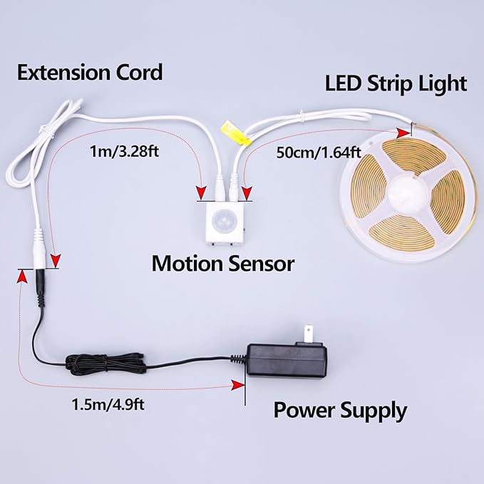 GOMING Motion Sensor COB LED Light Strip 16.4ft(5M) Warm White 3000K 3 Lighting Modes 3 Timing Off Modes 3 Brightness Modes with Power Adapter for Kitchen Cabinets Stair Showcase Bedroom Bed