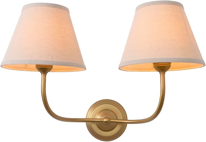Vintage 2-Lights Fabric Sconces Wall Lighting with 8.66" Diam Linen Cloth Shade, Double Arm Wall Lamp Fixture for Living Room Bathroom Bedroom Hallway