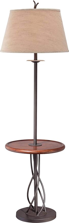 Twist 63 1/2" Metal and Walnut Tray Table Floor Lamp Living Room | Rustic Farmhouse Country Cottage Core with End 5 Wood Twisted Iron Base Brown Linen Fabric Tapered Drum Shade for Bedroom