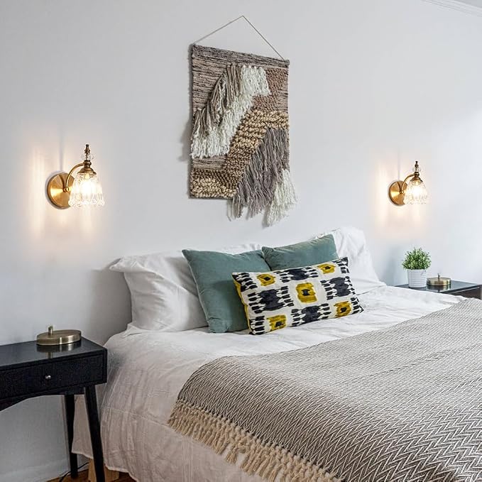 Brushed Antigue Brass Wall Sconces Set of Two, Hardwired Bathroom Vanity Light Fixtures, Vintage Sconces Wall Deco Set of 2, Glass Wall Lights for Bathroom, Bedroom,Hallway (Excludes G9 Bulb)