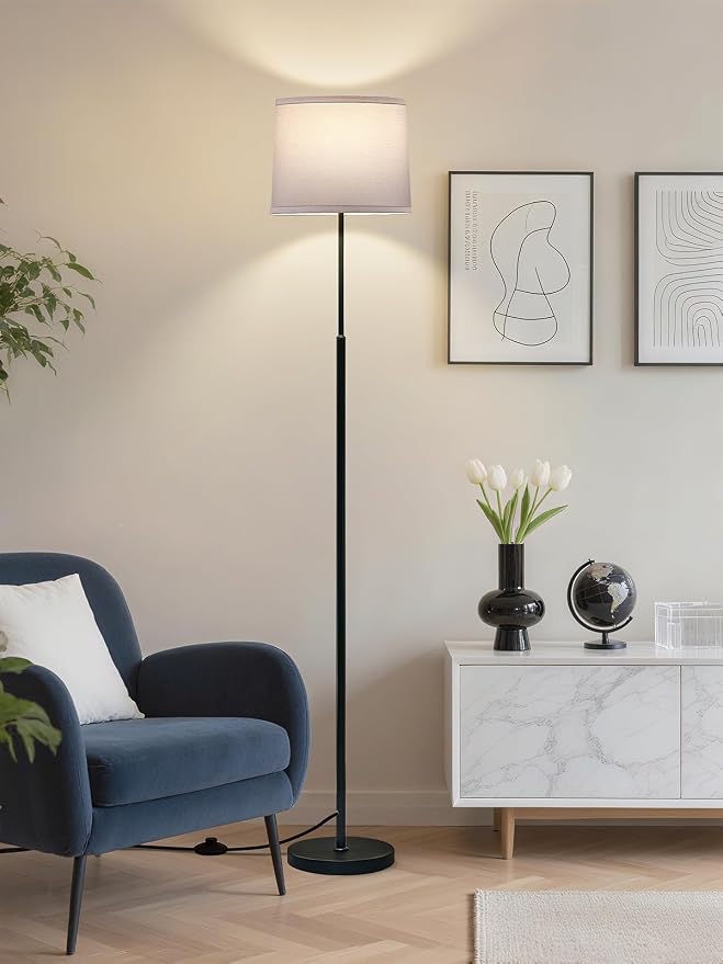 60" Modern Floor Lamp for Living Room Bedroom, Standing Lamp with White Linen Lampshade, Tall Lamp with A19 9W 3 Color Temperature Bulb, Foot Switch Control