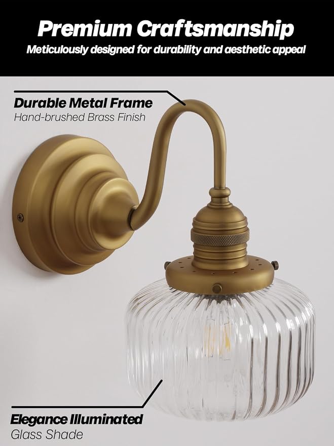 Brass Gold Wall Sconce Vintage Bathroom Vanity Light | Bathroom Sconce,Hardwired Indoor,Aged Brass Finish,Hand-Blown Clear Glass,for Bathroom Mirror Kitchen,E26 Socket
